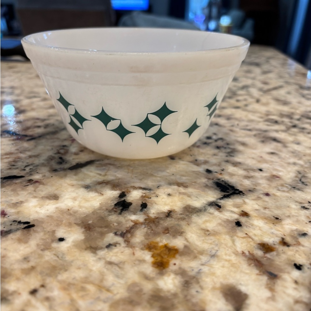 Rare vintage federal milk glass mixing bowl with teal atomic diamond pattern.